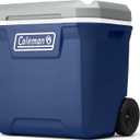 Coleman Classic Series Insulated Portable Rolling Cooler with Wheels, Leak-Resistant Outdoor Hard Cooler Keeps Ice up to 5 Days, 65-Quart. Blue