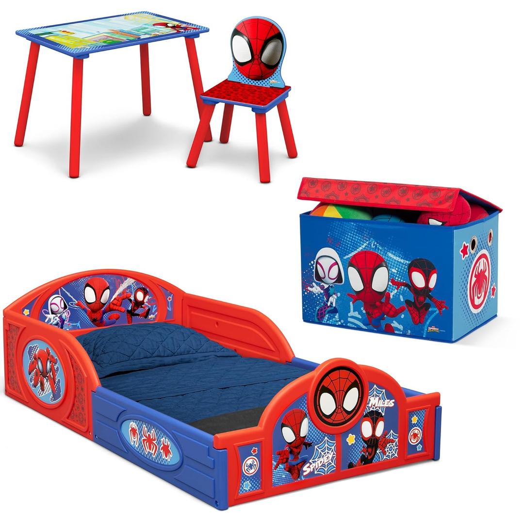 Delta Children - Marvel Spidey and His Amazing Friends 4-Piece Toddler Room-in-a-Box Set  Includes Sleep and Play Toddler Bed, Table, 1 Chair and Fabric Toy Box, Blue/Red