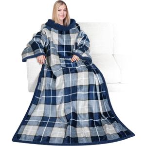 PAVILIA Sherpa Fleece Blanket with Sleeves Women Men Adult, Wearable Blanket Warm Soft Plush Thick, Snuggle Pocket Sleeved TV Throw Wrap, Cozy Ideas Mom Wife, Plaid Blue