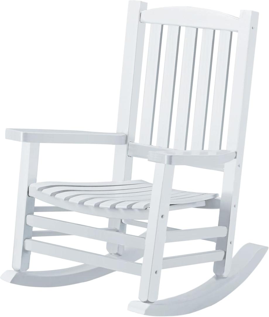 Wooden Rocking Chair - Outdoor Oversized Porch Rocker with High Back and Armrest - All Weather Slatted for Backyard, Garden - 400 lbs Support - White (1 pack)