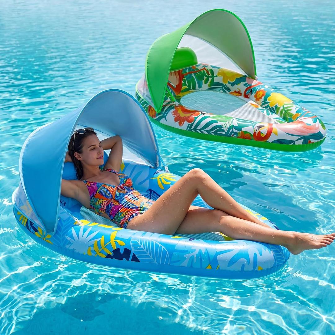 Novabright 2 Pack Pool Float with Canopy, XL Pool Chair Lounge with Adjustable Sun Shade Cover, Inflatable Float Lounge for Adults Swimming Beach Lake Water(Blue,Green)