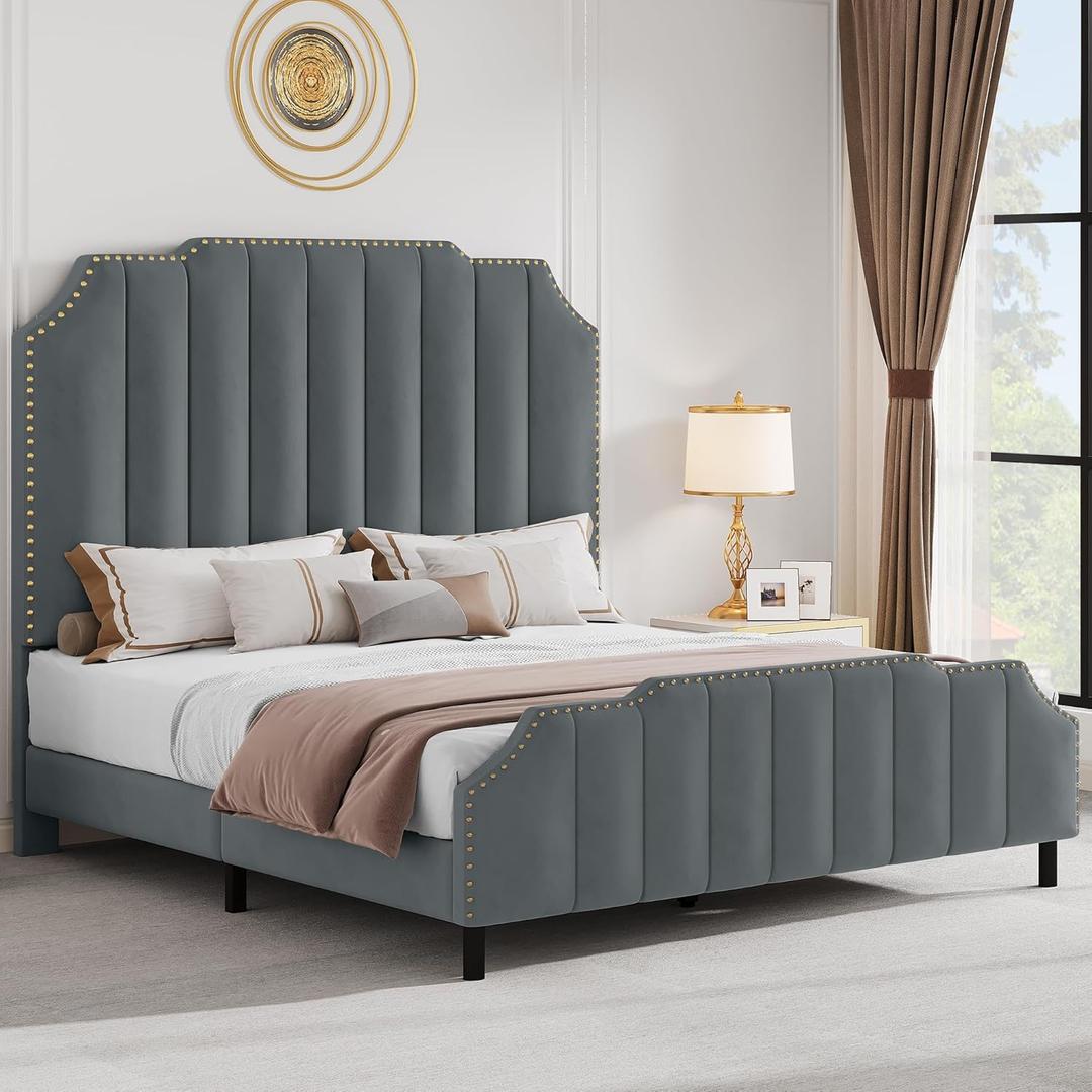 YITAHOME Queen Bed Frame with 61.4'' Headboard, Upholstered Platform Bed Frame with Wooden Slats Support, No Box Spring Needed, Easy Assembly - Gray