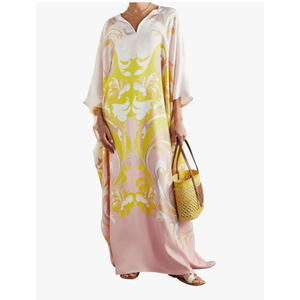 Designer Printed Satin Silk Casual Wear Kaftan for Women,Boat Neck Silk Caftan Dress, Kaftan for Woman,Maxi Long Dress, Gift for Kaftan Yellow Size 20