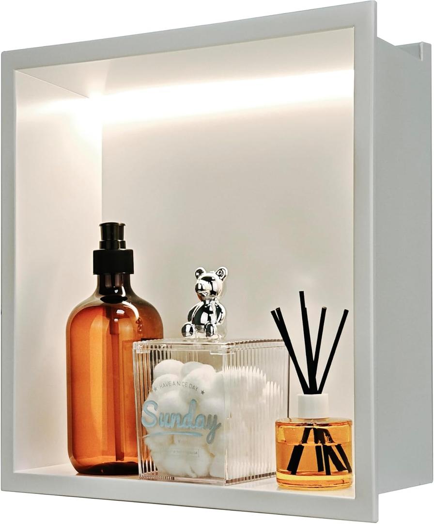 Shower Niche 12"x12" Lighted Niche for Shower Wall Stainless Steel Waterproof ShelfShower Lighting with Bathroom Storage Matte White 12"x 12"