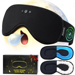 Weighted Bluetooth Sleep Mask with Removable Hot & Cold Gel Insert, 3D Blackout Eye Mask, Adjustable Speaker Placement, Passive Sound Masking, 15H Playback for Sleep, Travel & Relaxation