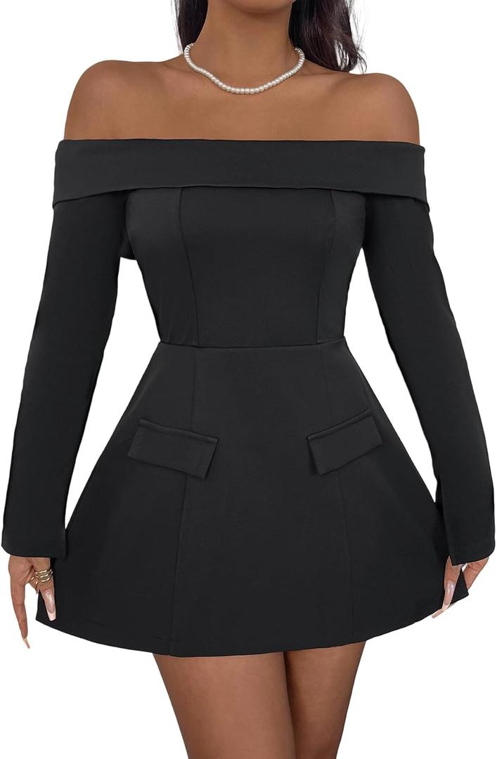 SOLY HUX Women's Off The Shoulder Mini Dress Long Sleeve A Line Elegant Cocktail Party Dresses (L)