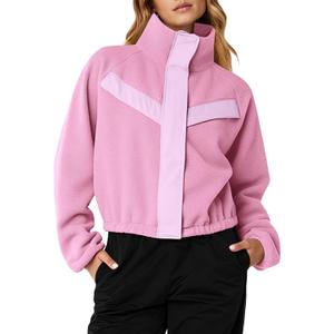 Fisoew Womens Fuzzy Fleece Cropped Jackets 2025 Fall Long Sleeve Zip Up Stand Collar Sherpa Jacket Winter Coats with Pockets (Pink)
