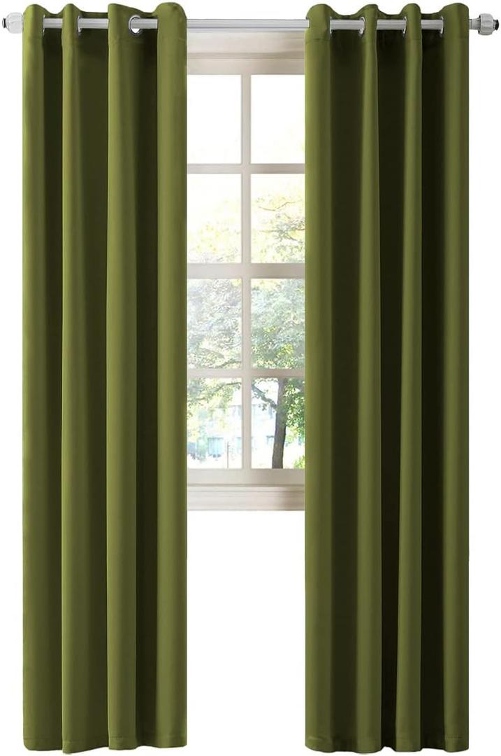 LA PALMA Thermal Insulated Blackout Darkening Grommet Living Room Curtains Window Drapes for Bedroom Pack of 2 Panels (Olive Green)
