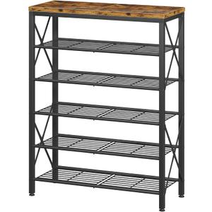 6-Tier Shoe Rack Organizer, Large Capacity Shoe Shelf with Metal Shelves, Holds up to 24 Pairs of Shoes, Shoe Storage for Entryway Closet Bedroom, Rustic Brown