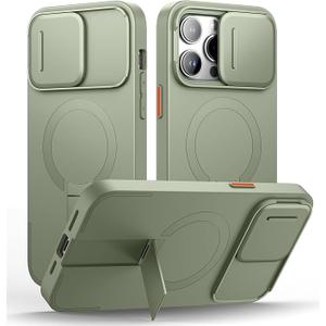 SURITCH for iPhone 14 Pro Max Case with Magnetic Camera Slide Cover and Adjustable Kickstand, Compatible with MagSafe, Shockproof Bumper Case Slim Protective Cover 6.7 Inch, Green