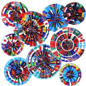 Outus 27 Pcs International World Flags Classroom Decorations Around The World Hanging Paper Fans Country Flags International Decor Party Banner Garland for Office Classroom Decor