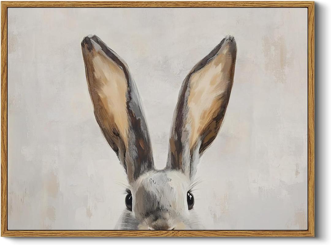 InSimSea Framed Canvas Wall Art Funny Bunny Wall Decor Vintage Rabbit Ears Pictures Artwork Rustic Animals Oil Paintings Aesthetic Home Decorations for Kids Room Living Room Bedroom 12x16In