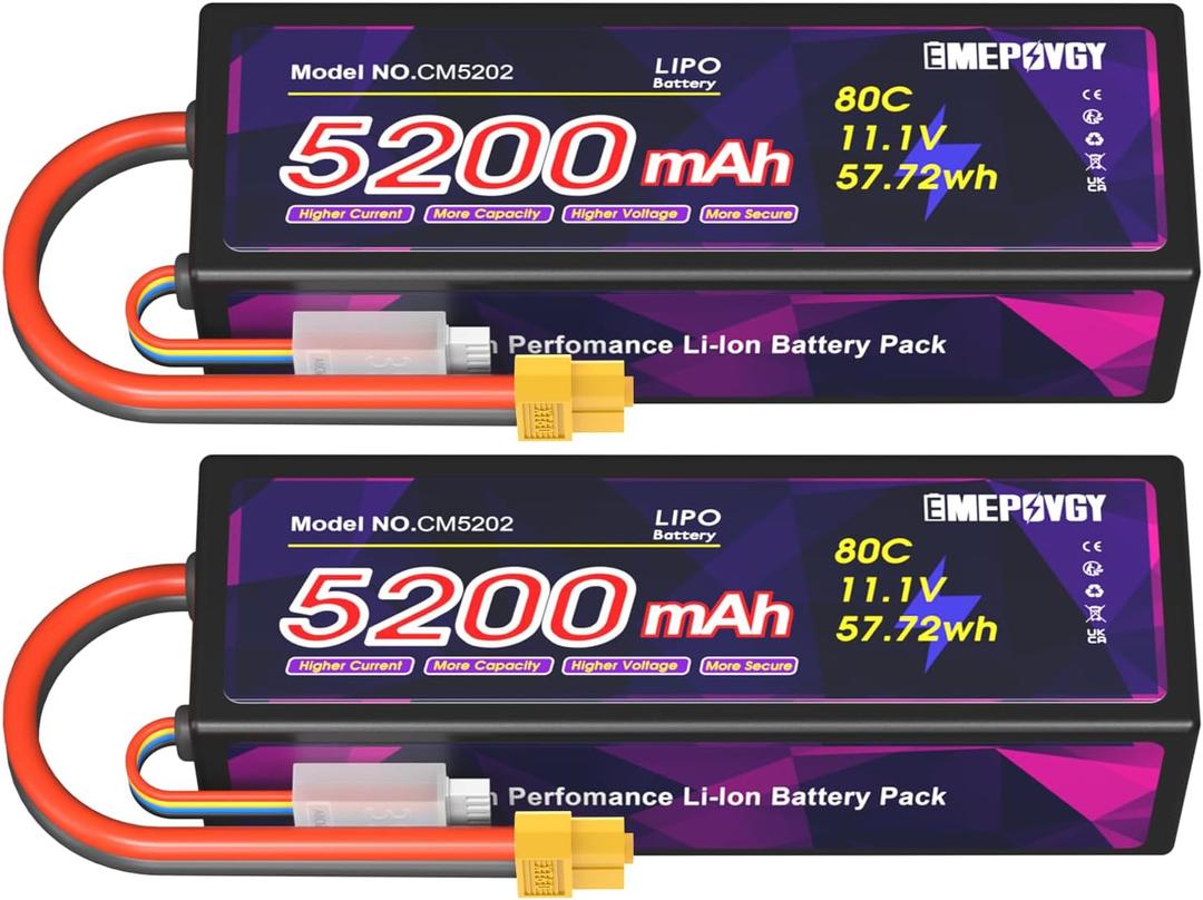 11.1V Lipo Battery 3S 5200mAh 80C Lipos Hard Case with XT60 Connector for RC Car Trucks 1/8 1/10 RC Vehicles(2 Packs)