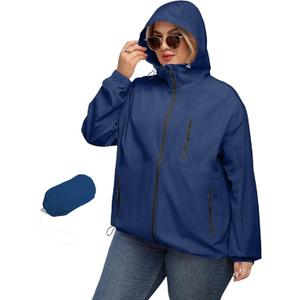 Avoogue Plus Size Womens Rain Jacket with Hood Waterproof Raincoats Lightweight Packable Outdoor Trench Coat (3X-Large Plus, Navy Blue)