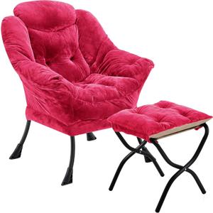 Fabric Lazy Chair with Ottoman, Oversized Upholstered Sofa Chair for Adults, Plush Comfy Lounge Chair with Large Side Storage Pocket, Reading Chair for Living Room, Bedroom, Office, Rose Red (Rose Red-f)