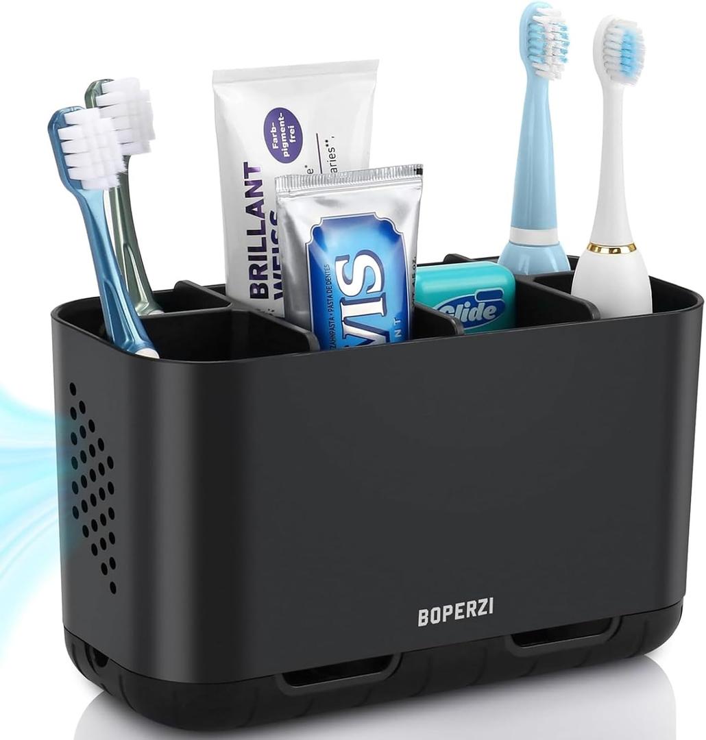 Boperzi Toothbrush Holders for Bathrooms Organizers and Storage, Large Tooth Brush Holders with Drainage, Anti-Slip Electric Toothbrush and Toothpaste Holders Caddy for Shower Kids Family, Black