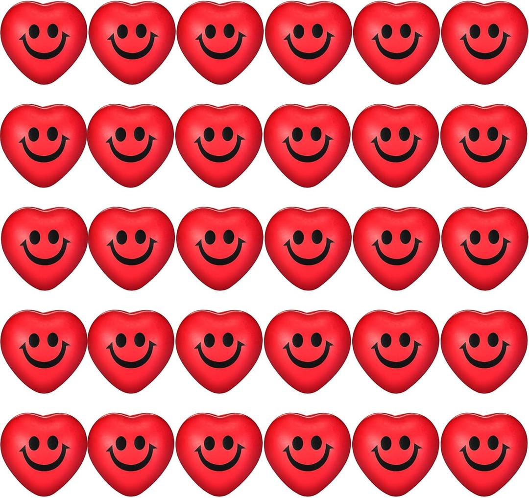 30 Pieces Heart Stress Relief Balls, Smile Funny Face Mini Foam Balls for School Carnival Reward, Valentine Party Gift Bag Fillers (Red)