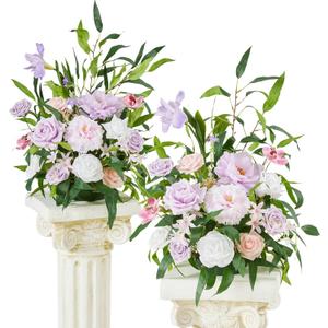 TINGE TIME Free-Standing Artificial Flower, Set of 2, Table Centerpiece with Rubber Pad, Silk Fake Flower for Wedding Centerpiece Archway Aisle Welcome Entrance (Purple&Pink)