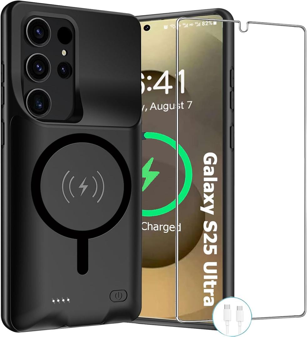 Wireless Charging Case for Galaxy S25 Ultra, Upgraded 12000mAh Rechargeable Portable Charging Case Compatible with Galaxy S25 Ultra (6.9 inch) with Carplay Extended Battery Pack Charger Case (Black)