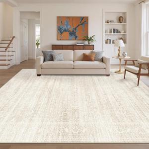 Soalmost 8x10 Area Rugs for Living Room, Washable Vintage Floral Non-Slip Low Pile Natural Rug Soft Throw Large Carpet for Dining Room Bedroom Home Office (Beige/Cream, 8'x10')
