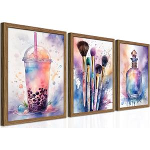 Framed Teen Girls Bedroom Wall Art Set of 3, Pink and Purple Splash Canvas Prints, Makeup Enthusiast Pictures Posters, Drinks Cosmetic Wall Decor for Teenage Girl Room Decor – 16x24 inch, 24L" x 16W"