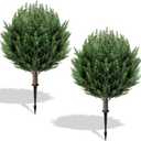 2 Pack 2FT Artificial Cedar Topiary Trees with Ground Spike, Fake Pine Shrubs Bushes, UV Resistant Faux Evergreen Cypress Tree Plants for Indoor Outdoor Planters Front Porch