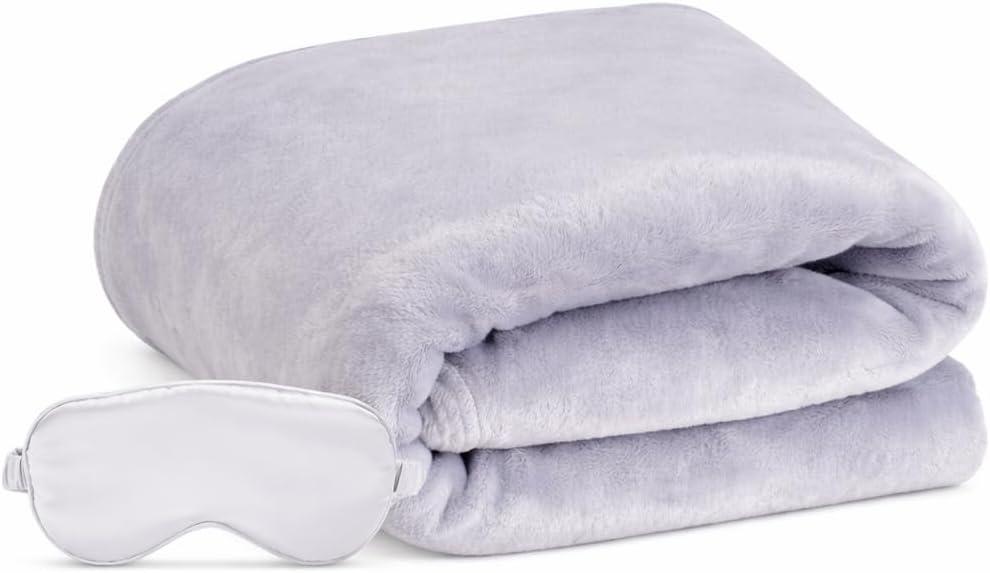 Travel Blanket, Airplane Blanket, Ultra-Soft, Warm & Lightweight, 65x40 in, Outdoor Blanket Essentials for Women, Men & Kids, Included Eye Mask, Luggage Sleeve & Backpack Clip Navy Blue (Grey)