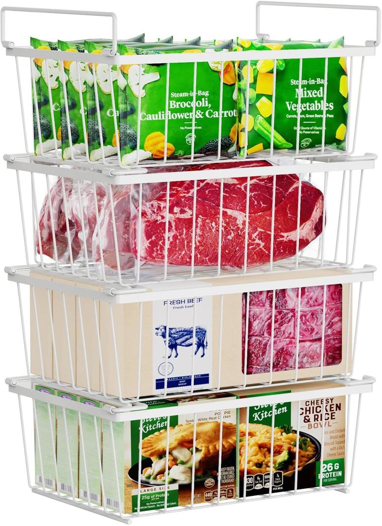 iSPECLE Freezer Organizer Bins - 4 Pack Stackable Chest Freezer Organizer for 5 Cu Ft Deep Freezer Sort Frozen Food, Deep Freezer Organizer Bins Easy to Get Food from Bottom without Digging, White