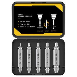 5-Piece HSS Screw Extractor Set, Professional Grade Drill Bit Kit for Damaged Screws, Grey Industrial Finish, Sizes 0-4, with Storage Case