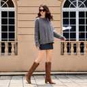 ISNOM Knee High Boots Women Chunky Low Heel Square Toe Elastic Boots Side Zipper Faux Leather Fall Long Tall Boot (6, A-reddish Brown)