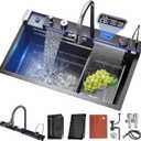 Kitchen sink double waterfall sink with LED display with cup washer, soap dispenser, waterfall mixer, worktop controller, etc. workstation kitchen sink (Gun grey, 35.4 * 19.7 * 8.7 IN)