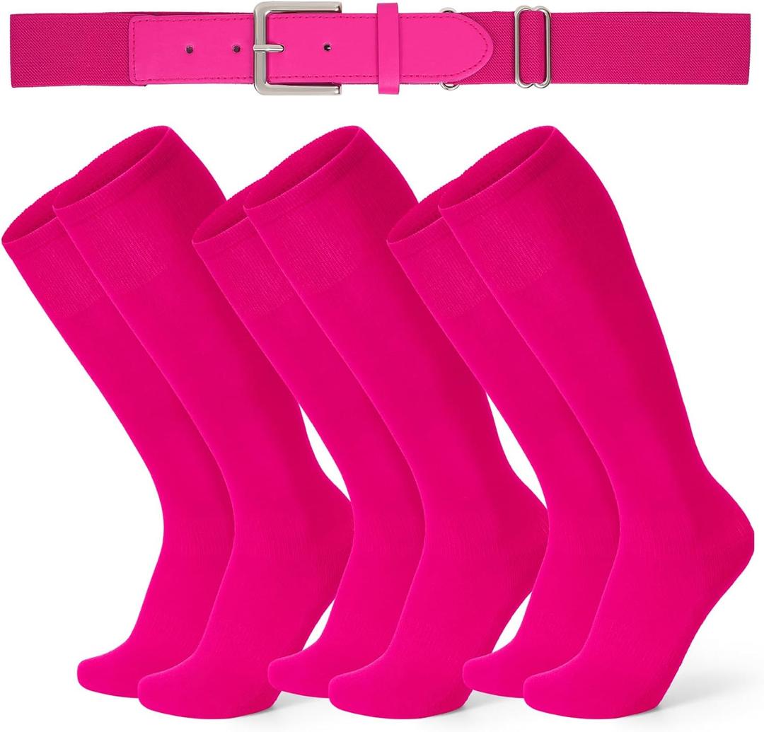 XZQTIVE 3 Pairs of Baseball Socks and 1 Baseball Belt Combo Set Adjustable Softball Belt and Softball Socks for Youth Adult (Medium, Hot Pink)