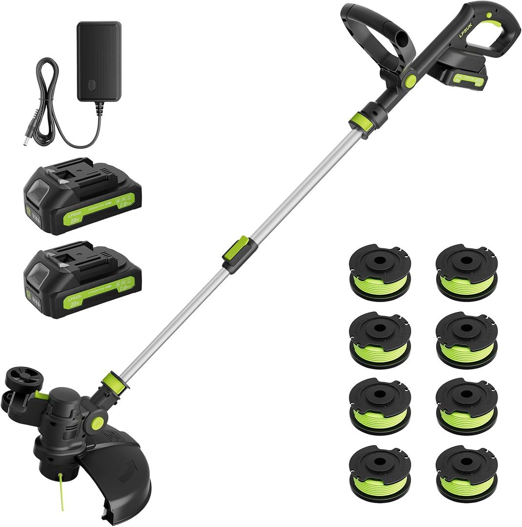 20V Cordless String Trimmer, Two 2.0Ah Battery Powered with Fast Charger, 12'' Grass Cutter with Auto Line Feed, 3-in-1 Electric Lawn Mower Grass Trimmer&Edger Lawn Tool with 8 Lines for Yard, Garden, Two Batteries