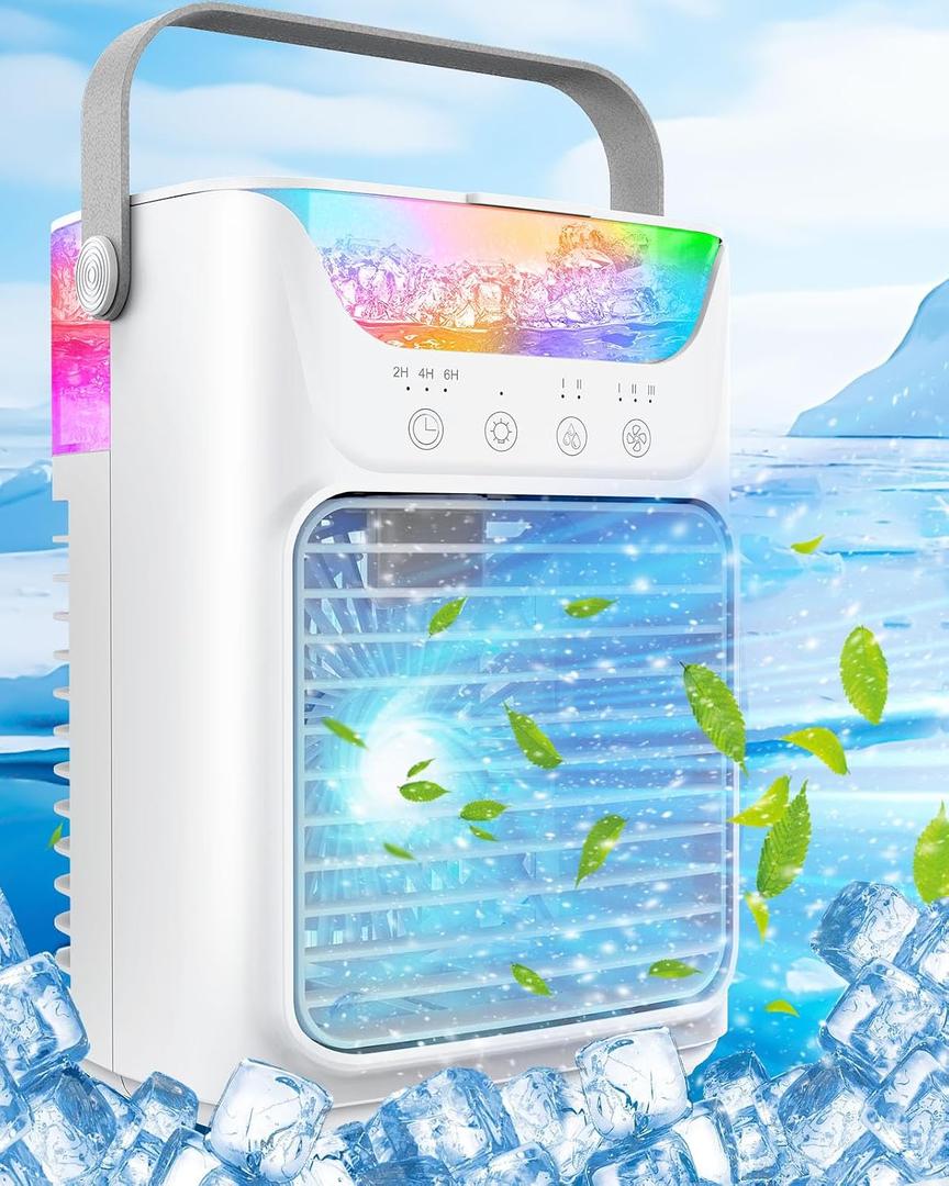 Portable Air Conditioner, 3 Wind Speeds & 7 LED Lights Evaporative Personal Air Cooler, 4 in 1 with 650 mL Large Water Tank, Mini Air Conditioner for Bedroom/Car/Home/Camping/Room