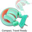 noot products Kids Headphones K11 Foldable Stereo Tangle-Free 5ft Long Cord 3.5mm Jack Plug in Wired On-Ear Headset for iPad/Amazon Kindle,Fire/Boys/Girls/School/Tablet/Laptop(Mint/Coral)