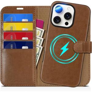 TUCCH Wallet Case for iPhone 16 Pro, [Removable] 2 in 1 [Wireless Charging] RFID Blocking [4 Card Holders] PU Leather Cover, Magnetic Detachable Stand Folio Case Compatible with iPhone 16 Pro, Brown