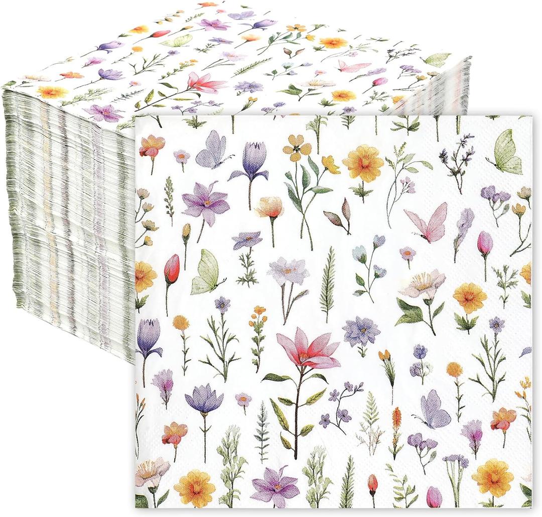 Wildflower Napkins, 100Pcs Floral Paper Napkins Disposable, 6.5x6.5 Inches Colorful Flower Butterfly Cocktail Napkin For Easter Spring Summer Picnic Wedding Baby Shower Birthday Tea Party Decorations