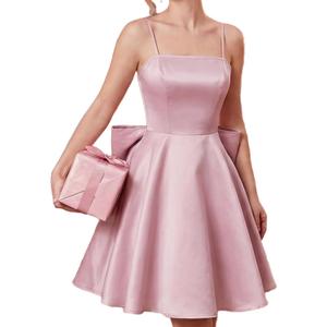 WDIRARA Women's Satin Bow Homecoming Dresses Spaghetti Strap Wedding Guest Gown Summer Mini Dress (Large, Pink)