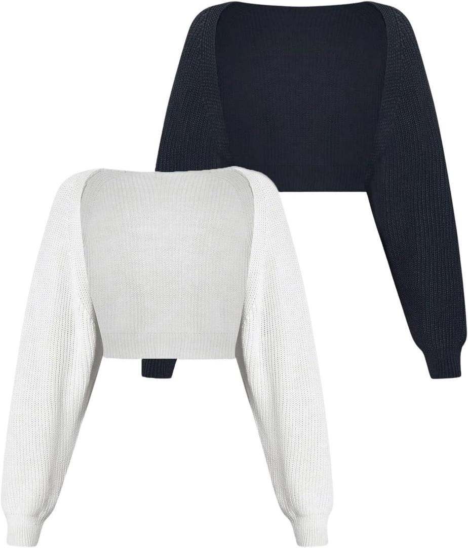 Floerns Women's 2 Pcs Plus Size Long Sleeve Rib Knit Cropped Cardigan Shrug Sweaters (X-Large Plus, Black and White)