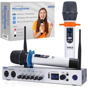 Pyle, UHF Wireless Microphone System, Portable Digital Audio Mixer, Bluetooth, Two Handheld Mics, Receiver Base, White, Adjustable Volume, Complete Set, Dual Channel, Home Karaoke, Professional Use