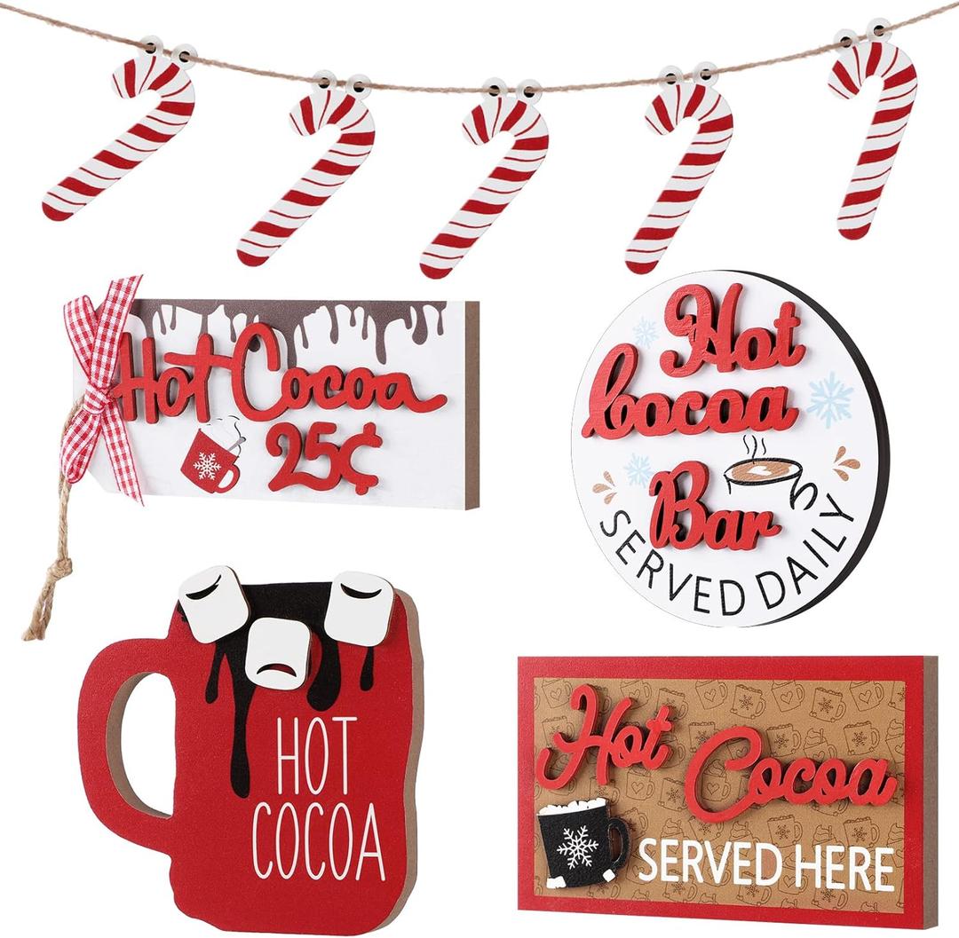 5 Pieces Christmas Hot Cocoa Wooden Signs Tiered Tray Decoration Hot Cocoa Decor Warm Winter Tabletop Wooden Block Sign Christmas Candy Canes Tiered Tray Decorations Holiday Table Centerpieces