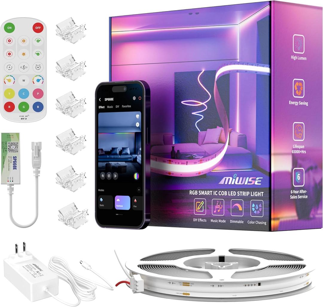 MIWISE LED Strip Lights,RGB Smart IC COB LED Strip Light Color Chasing,24ft Multicolor Flexible LED Tape Light,Music Sync with APP Control,Addressable DIY 16M Colors,for Cabinet,Bedroom,Party Decor