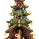 VISFLAIR 12'' Christmas Tree Lighted Manger Nativity Scene, Musical Holy Family Figurines LED Light Play Silent Night Music, Battery & USB Home Decor Gifts Festive Holiday Decorations