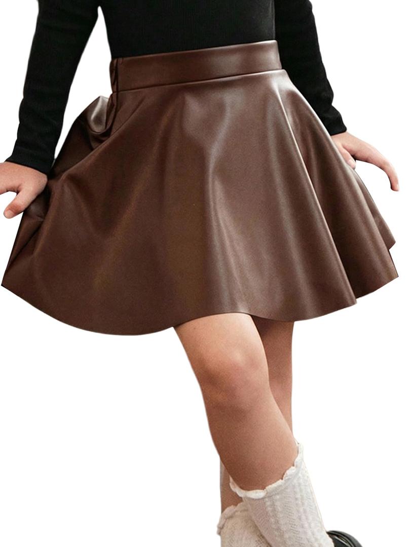 WDIRARA Toddler Girl's PU Leather Flared Mini Skirt High Waisted Skater A Line Skirt Coffee 5Y