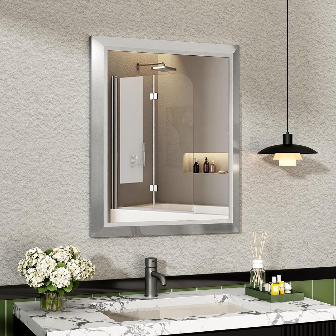 SMIROR Brushed Silver Bathroom Mirror for Over Sink, 24x 28 Metal Thick Framed Rectangle Vanity Mirror for Wall, Right Angle Corner, Anti-Rust, Horizontally or Vertically Mounted
