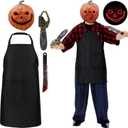 4 Pcs Halloween Butcher Costumes Set with Pumpkin Head Mask Butcher Apron Chainsaw Machete Cleaver for Cosplay