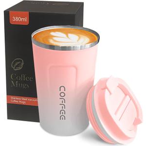 YINBAOGE Insulated Travel Coffee Mug, Spill & Leak Proof, Portable To Go Camping Stainless Steel Coffee Tumbler, Reusable Thermal Coffee Cup with Lid for Hot & Cold Drinks (2nd-Pink White, 12 OZ)