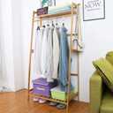 Ufine Bamboo Clothes Hanging Rack with 2 Tier Storage Shelves and 2 Coat Hooks Portable Laundry Rack Cloest Organizer Garment Rack for Bedroom Guest Room