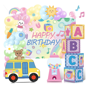 READIGO Girls Birthday Party Decorations, 4PCS Rainbow ABC Boxes with Colorful Preppy Birthday Backdrop and Balloon Garland for Baby Shower, Preschool Theme Party