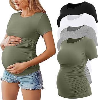 Huukeay 4 Pack Women's Maternity Shirts, Crew Neck Maternity Top Short Sleeve Casual Cotton Tee Side Ruched Pregnancy Clothes (Black, Army Green, Light Heather Gray, White,Small)